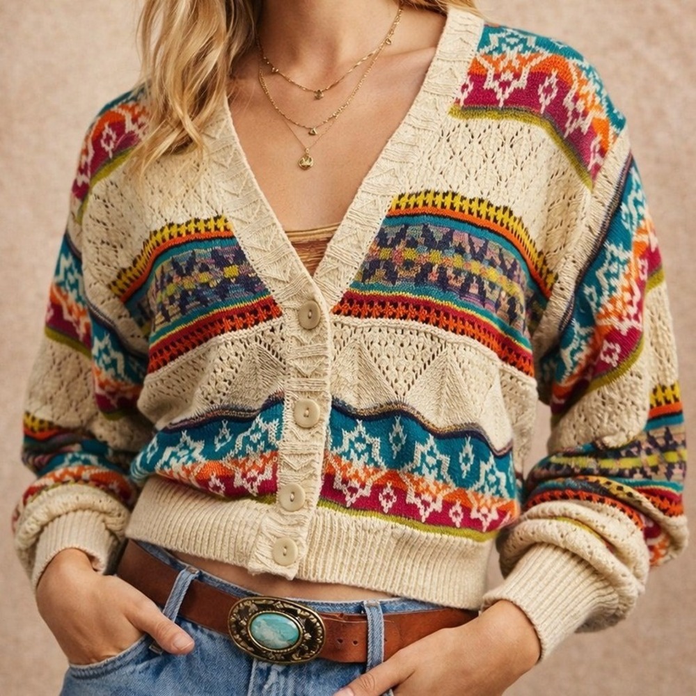 Vintage 90s Evan Picone Cardigan NOS Silk Blend Southwestern Knit Women Small